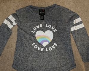 Girls Glitter Sweater - gray with white stripes & rainbow heart - youth XL - 14